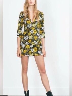 Zara Trafaluc Navy Dress with Yellow Floral Print